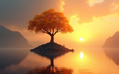 Golden Tree on a Floating Island at Sunset. High quality