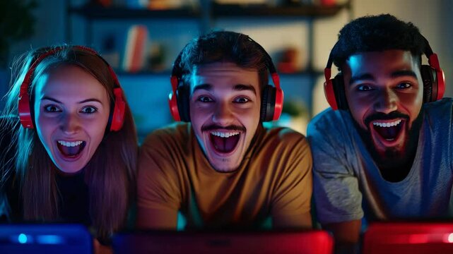 Group of Diverse Friends Enjoying Video Games Together with Headphones, Happy Expressions, and Colorful Lighting in Cozy Room Setting