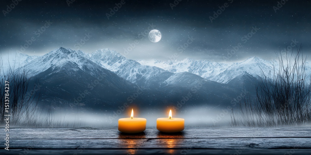 Poster deck feast mountains concept. two candles glow against a serene mountain backdrop under a moonlit sk
