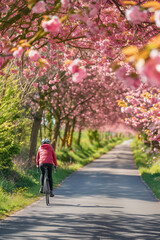 Obraz premium Cycling through a picturesque road canopied by blooming cherry blossom trees, a serene scene blending recreation and natural beauty.