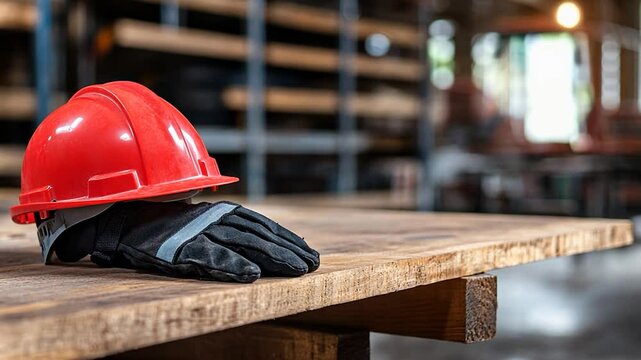Red hard hat and black work gloves on a wooden table