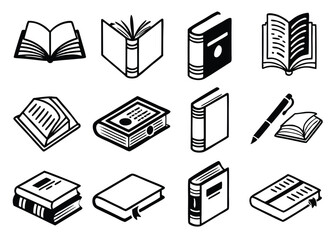 Book Icon Set – Open, Closed, Stacked & Bookmark Book Symbols (Black & White Vector)