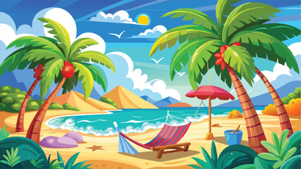 Tropical island beach with palm trees, sun, and ocean waves