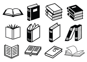 Book Icon Set – Open, Closed, Stacked & Bookmark Book Symbols (Black & White Vector)