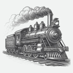 Steam locomotive, old train, Monochrome design illustration