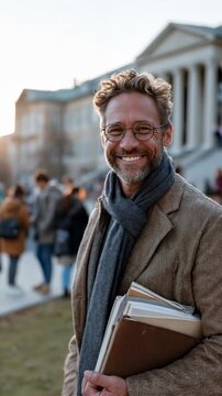 Portrait of a mature male academic standing outside a university building at sunset, holding books and wearing glasses, scarf and corduroy jacket. Generative AI