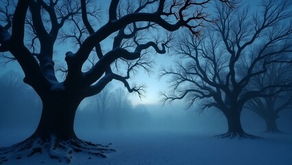 Winter trees in a misty blue landscape