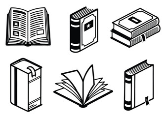 Book Icon Set – Open, Closed, Stacked & Bookmark Book Symbols (Black & White Vector)