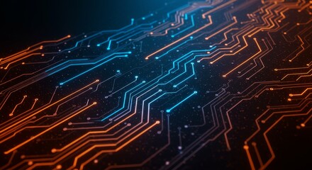 Fototapeta premium Circuit Board Technology - Abstract of a glowing circuit board, showcasing intricate pathways of orange and blue light on a dark background. Represents technology, innovation, and connectivity