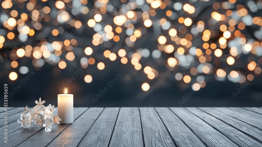 Poster deck feast mountains concept. serene candlelight surrounded by soft bokeh lights on a rustic wooden 
