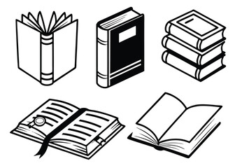Book Icon Set – Open, Closed, Stacked & Bookmark Book Symbols (Black & White Vector)