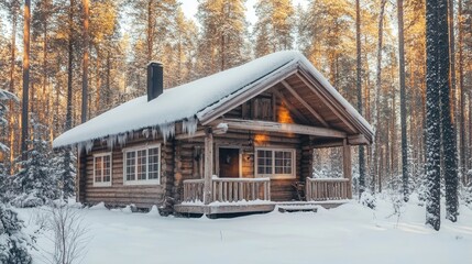 Cozy Scandinavian cabin, wooden walls, snow-covered roof, nordic minimalist design, forest backdrop 