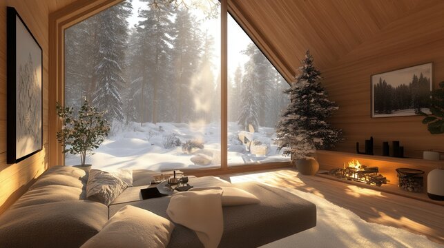 Fototapeta Cozy Scandinavian cabin, wooden walls, snow-covered roof, nordic minimalist design, forest backdrop 