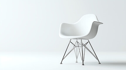 A white chair with a silver frame sits in front of a white wall