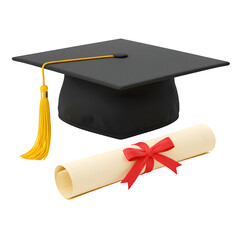 Classic graduation cap with yellow tassel and rolled diploma tied with a red ribbon, symbolizing achievement and academic success isolated on white or transparent background. PNG