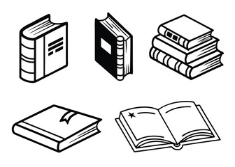 Book Icon Set – Open, Closed, Stacked & Bookmark Book Symbols (Black & White Vector)