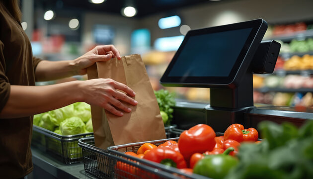 Person shopping at self-checkout station in modern grocery store. Woman puts fresh vegetables in shopping bag. Digital display shows interface for payment. Automated service helps clients buy food. - Powered by Adobe
