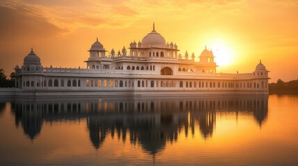 Fototapeta premium Grand Indian palace by the lake, domes and arches, Mughal architecture, golden sunset reflection