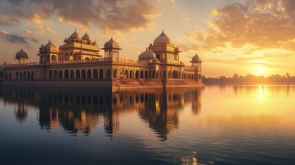 Obraz premium Grand Indian palace by the lake, domes and arches, Mughal architecture, golden sunset reflection 