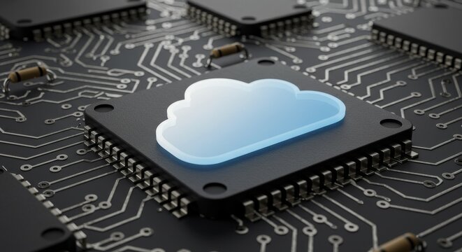 Cloud Computing Technology on Circuit Board - A close-up shot of a blue cloud icon on a computer circuit board, symbolizing cloud computing technology