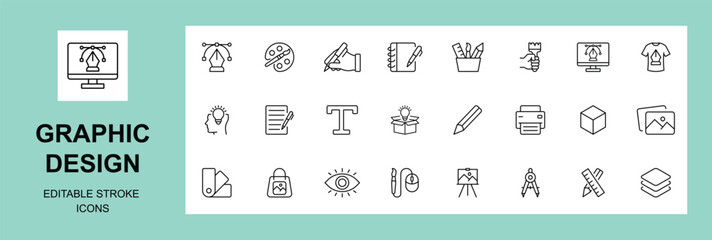 Graphic design thin line icons set. Graphic design editable stroke icons. Vector illustration. Digital art, creativity, drawing, portfolio, idea symbol, Vector illustration.