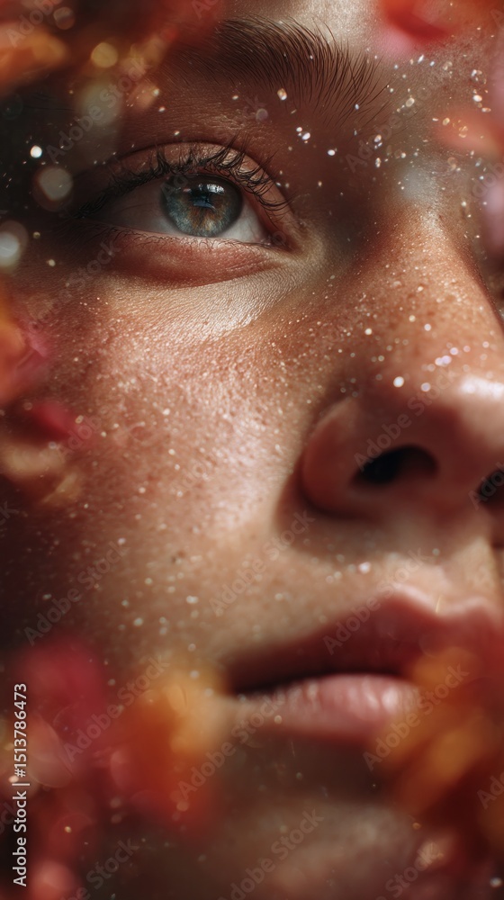 Poster this expressive close-up captures a face surrounded by soft petals and light reflections, evoking a 