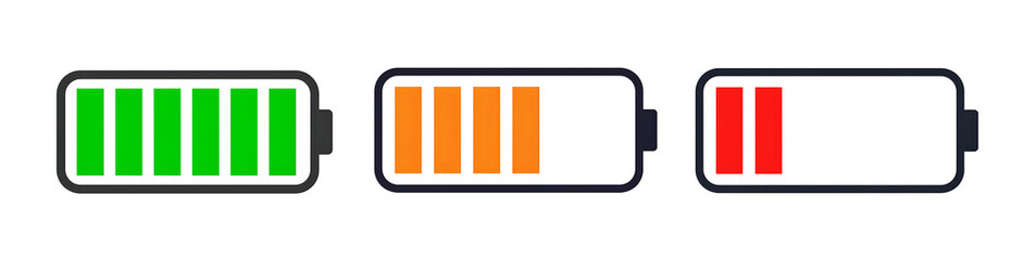 Obraz premium Color-coded battery level indicators showing full, medium, and low charge status for energy and power concepts icon isolated on a transparent background