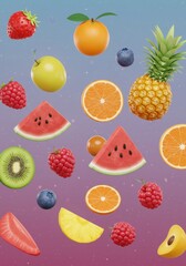 Colorful Fruit Burst - A vibrant featuring a variety of fresh fruits floating against a purple and blue gradient background