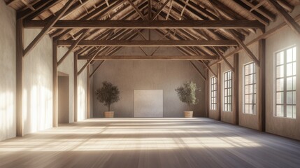 Obraz premium Interior with vaulted ceilings, exposed beams, dramatic light, calm and spacious atmosphere 