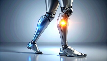 Close-up digital rendering of high-tech prosthetic legs with glowing joints and polished surfaces, representing futuristic mobility and bio mechanical innovation.
