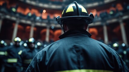 A commanding view of uniformed firefighters preparing for action in a theater-style room, exuding teamwork, readiness, and courage before a fire emergency response.