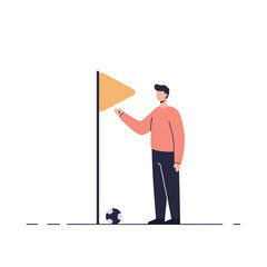 Linesman standing near corner flag and holding flag on soccer field  