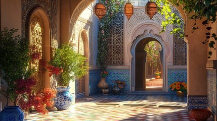 Moroccan riad courtyard, intricate tile mosaics, arched doorways, colorful lanterns, sunlight through lattice