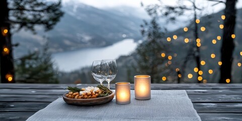 Deck feast mountains concept. Cozy dining setup with glasses, candles, and snacks, overlooking a scenic lake view.