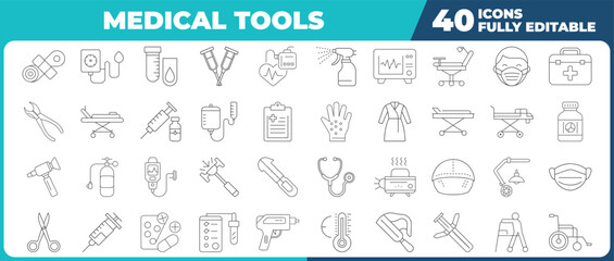 Collection of medical tools icons set line style healthcare concept,  Modern thin line icons set
