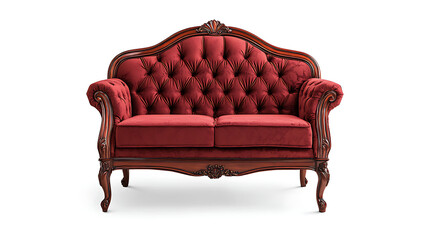 A red velvet couch with a wooden frame
