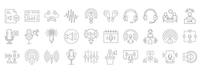 Podcast and broadcast line icons set modern style vector illustration, Modern thin line icons set