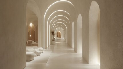 Obraz premium Private home gallery interior, long corridor with arched openings, soft wall tones, refined lighting 