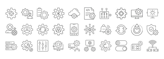 Thin line style icon set depicting system process and setting configuration concept, Modern thin line icons set