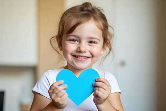 young boy holding a blue paper heart in his hands