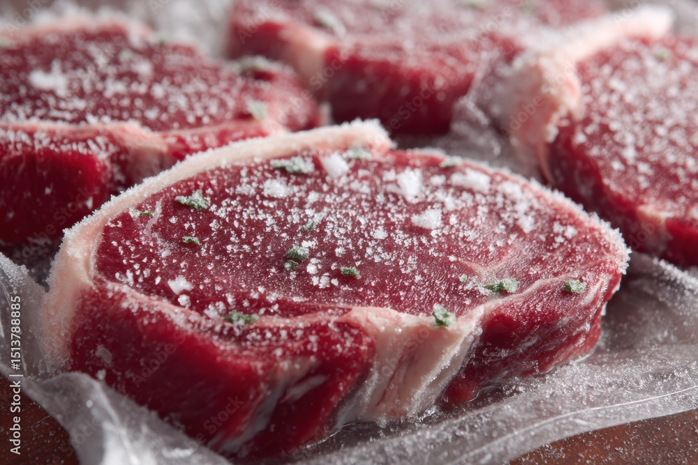Poster frost patterns on vacuum-sealed frozen steaks showcasing texture and preservation techniques in cold