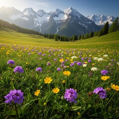 Fototapeta premium Alpine Meadow in Spring with Snowy Peaks