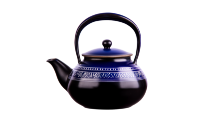 Dark blue patterned teapot for beverage preparation, cut out transparent