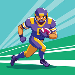 A dynamic cartoon illustration of an american football player running with the ball on the field