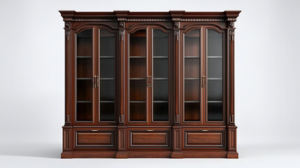 A large wooden cabinet with three shelves and three glass doors
