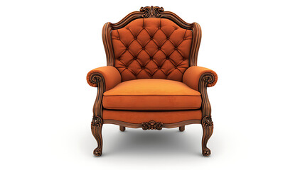 A large, ornate orange chair sits on a white background