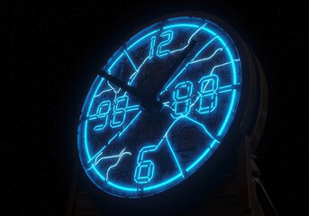 Neon clock face, cracked digital numbers, dark background