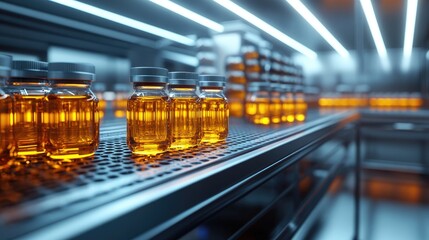 Industrial sterile vials on metal shelves in a modern facility.