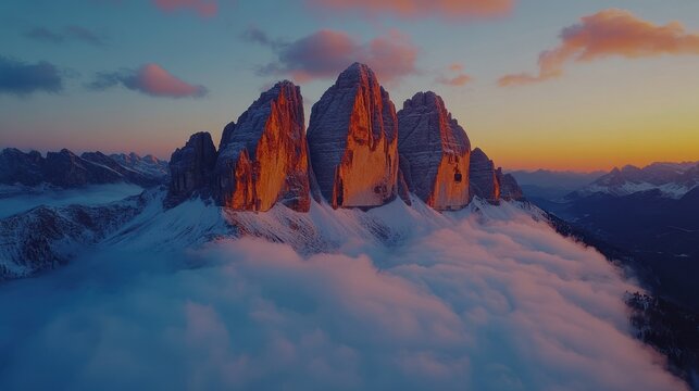 Mountain peaks, sunset, winter clouds