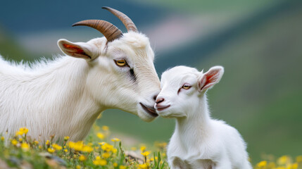 Obraz premium Tender Moment Between Mother Goat and Kid in Lush Green Landscape with Flowers